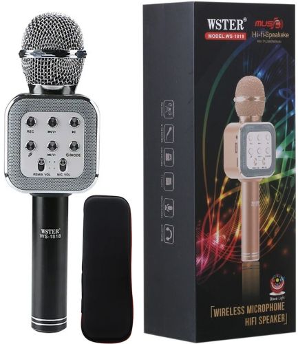 Бездротовий мікрофон караоке Wster WS-1818 Bluetooth USB AUX FM з вбудованою колонкою і функцією зміни голосу на акумуляторі в чохлі WS1818