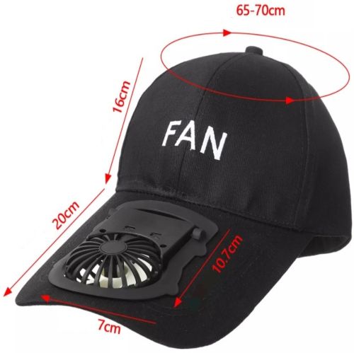 Бейсбольная кепка с вентилятором Fan RS-75 Черная, солнцезащитная, охлаждающая USB  бейсболка с обдувом, аккумулятором на солнечной батарее, летняя