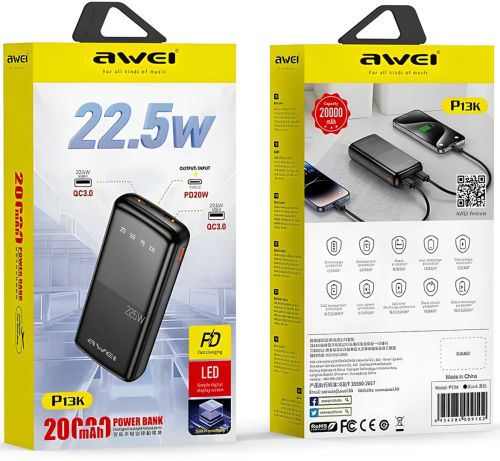 Портативний зарядний пристрій Power Bank Awei P13K 20000mah 22.5W 22 USB TYPE-C зі швидкою зарядкою та індикатором, зовнішній акумулятор повербанк