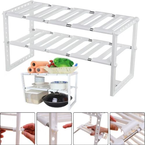 Багатофункціональна регульована кухонна Полиця стійка Kitchen Rack 38-70 см для зберігання посуду, розсувний органайзер під раковину 2 яруси Біла