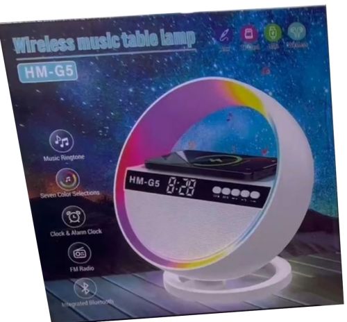 Настільна акумуляторна смарт лампа нічник HM-G5 з RGB підсвічуванням і годинами, Bluetooth колонка годинник з бездротовою зарядкою 10W і USB TF FM AUX