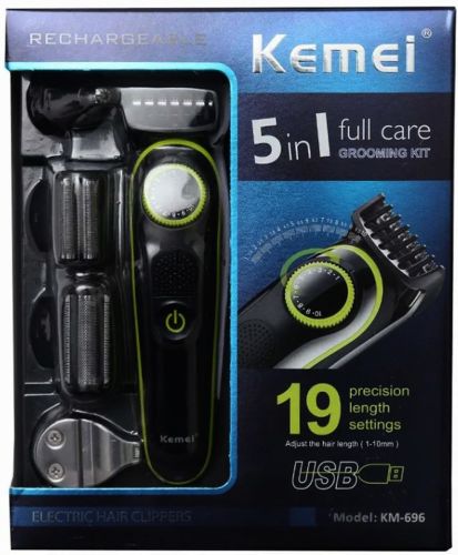 Акумуляторна машинка для стрижки волосся Kemei KM-696 5 в 1 5W електробритва, тример для окантовки бороди, носа і вух, набір для тіла з насадками