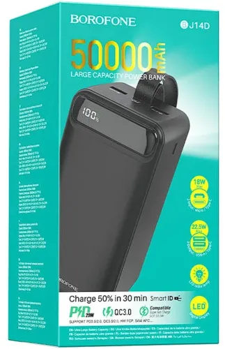 Внешний аккумулятор Borofone Power Bank BJ14D 50000mAh Black на 2 USB 22.5W и USB-C 20W, УМБ Повербанк батарея с ремешком для зарядки телефона Черный