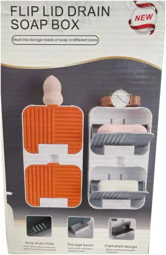 Настінний органайзер для мила Flip Lid Drain Soap Box на 2 відсіки з відкидними кришками, Подвійна навісна мильниця зі зливом на стіну у ванну
