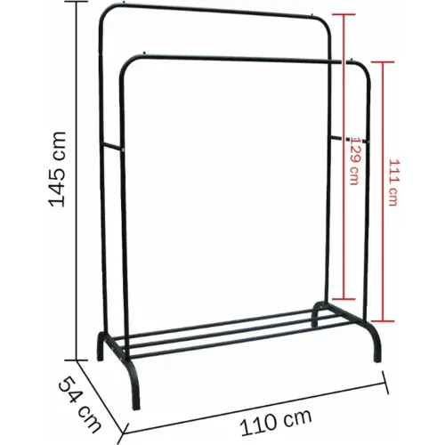 Двойная стойка вешалка Double Floor Hanger 162х130 см для одежды и полкой для обуви, напольная стойка-вешалка со штангой на ножках до 30 кг Черная
