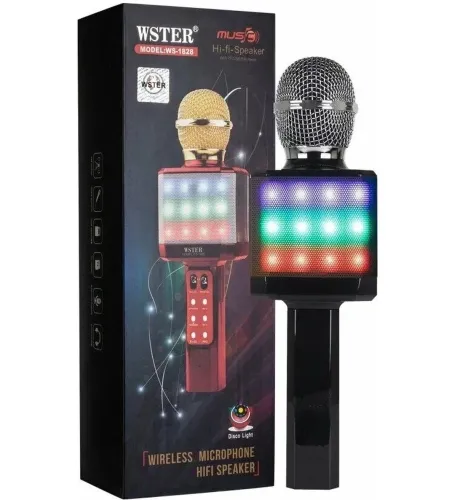 Беспроводной караоке микрофон WSTER WS-1828 Bluetooth USB AUX FM со встроенной колонкой и 4 тембрами голоса на аккумуляторе с динамиком WS1828 Черный