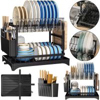 Дворівнева настільна сушарка для посуду Dish Drying Rack з автоматичним зливним піддоном, стелаж на 2 яруси для сушіння і зберігання Чорна