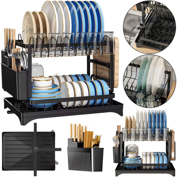 Дворівнева настільна сушарка для посуду Dish Drying Rack з автоматичним зливним піддоном, стелаж на 2 яруси для сушіння і зберігання Чорна