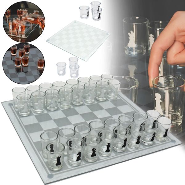 Подарунковий ігровий набір П'яні шахи Game Chess GB-086 настільна алко гра 25х25 см комплект шахів чарок і скляною дошкою для дорослих