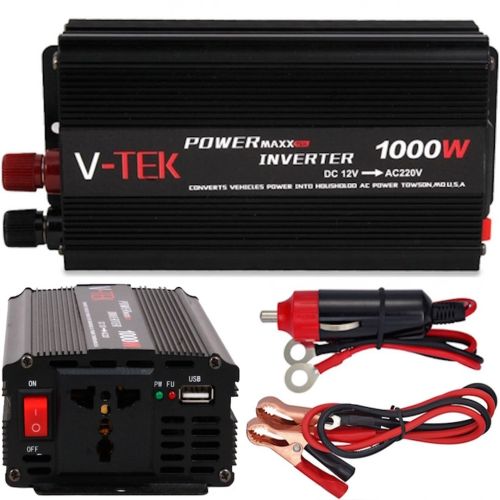 Автомобільний інвертор V-TEK PowerMaxx SSK-1000W 12V-220V, Авто перетворювач напруги струму 12В 1000Вт від прикурювача і акумулятора Чорний