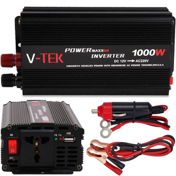 Автомобільний інвертор V-TEK PowerMaxx SSK-1000W 12V-220V, Авто перетворювач напруги струму 12В 1000Вт від прикурювача і акумулятора Чорний