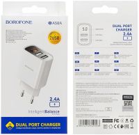 Мережевий зарядний пристрій Borofone BA58A Mighty 2 USB 2.4A 12W адаптер живлення на 2 порти з LED дисплеєм, блок для зарядки телефону 12В Білий