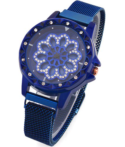 Жіночий наручний годинник Flower Diamond Rotation Watch Blue WJ-8052 з обертовим круглим роторним циферблатом і ремінцем на магнітній застібці Сині