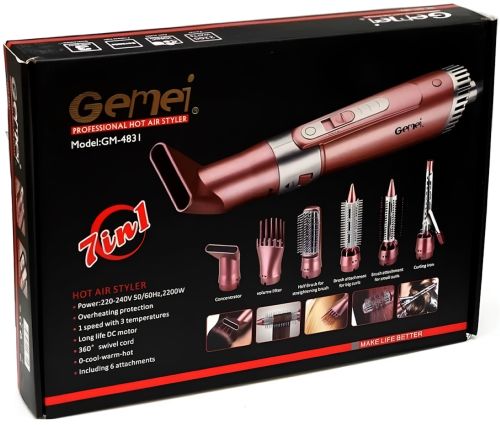 Мультистайлер для укладання Gemei GM-4831 7 в 1 фен щітка з насадками 2200W плойка щипці Gemmy для сушіння, завивки, випрямлення та об'єму волосся Рожева