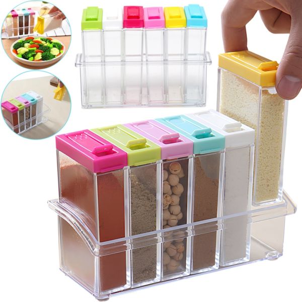 Набір контейнерів для спецій Seasoning Six Piece Set 6 штук набір прозорих ємностей, кухонний органайзер для зберігання сипучих приправ на підставці