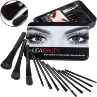 Набір кистей для макіяжу Huda Beauty 12 штук, Кисті для професійного макіяжу очей, губ і обличчя, пензлики в металевій коробці