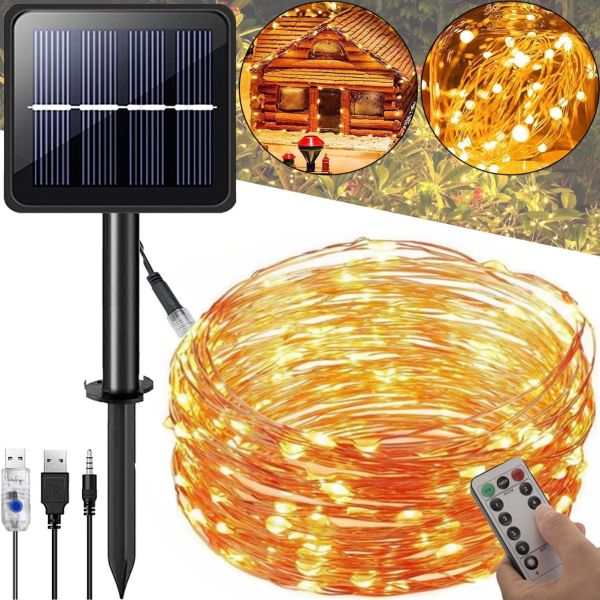 Вулична Світлодіодна гірлянда Solar String Lights 22 метри 200 LED діодів Теплий білий Роса Warm light з сонячною панеллю для дерев і веранд