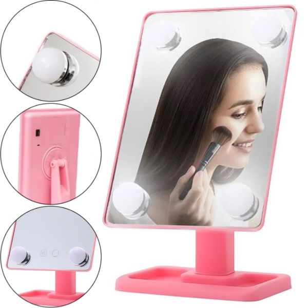 Настільне Косметичне дзеркало Cosmetie mirror 360 Rotation Angel з LED підсвічуванням для макіяжу, компактне прямокутне сенсорне дзеркало Рожеве