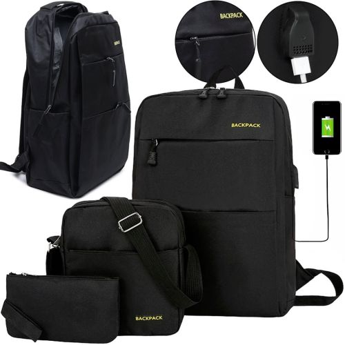 Міський набір сумок 3 в 1 Backpack 9018 рюкзак для ноутбука 15", сумка через плече і гаманець на блискавці з USB портом для навушників 42х33 см Чорний