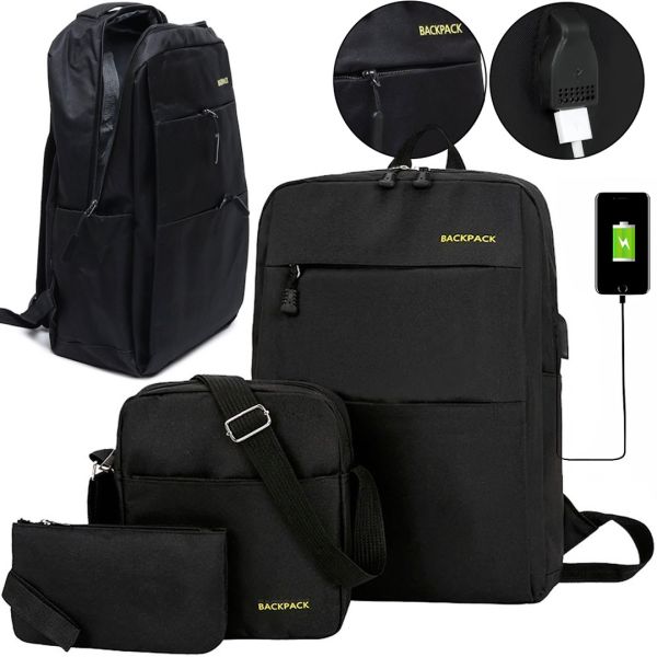 Міський набір сумок 3 в 1 Backpack 9018 рюкзак для ноутбука 15", сумка через плече і гаманець на блискавці з USB портом для навушників 42х33 см Чорний