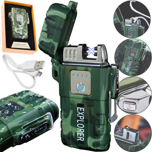 Електроімпульсна спіральна запальничка lighter Explorer JL317 акумуляторна сенсорна запальничка 2 дуги з вітрозахистом від USB JL-317 6741 Камуфляж