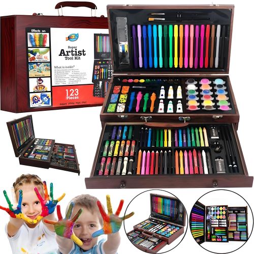 Дитячий набір для малювання і творчості Super Artist Tool Kit 123 предмета в дерев'яному валізі Художній комплект олівців і фарб в кейсі