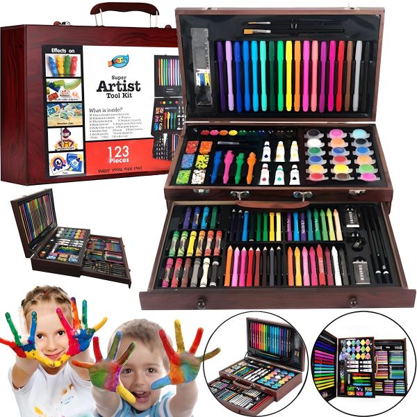 Дитячий набір для малювання і творчості Super Artist Tool Kit 123 предмета в дерев'яному валізі Художній комплект олівців і фарб в кейсі
