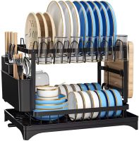 Дворівнева настільна сушарка для посуду Dish Drying Rack з автоматичним зливним піддоном, стелаж на 2 яруси для сушіння і зберігання Чорна