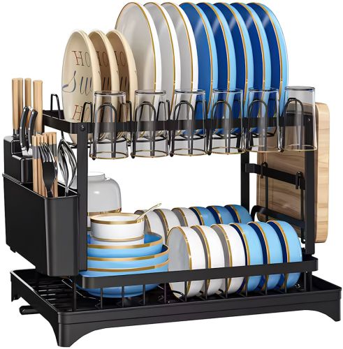 Дворівнева настільна сушарка для посуду Dish Drying Rack з автоматичним зливним піддоном, стелаж на 2 яруси для сушіння і зберігання Чорна
