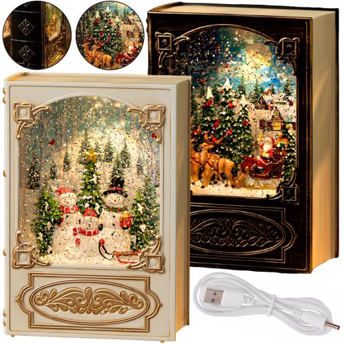 Ночник в форме рождественской книги XMAS WDL 24023B новогодний музыкальный светильник книжка с эффектом метели и LED подсветкой на батарейках USB
