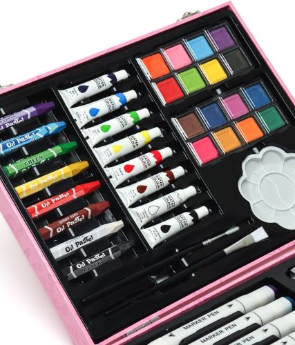 Дитячий художній набір для творчості Art Set 57 предметів, комплект маркерів, олівців і фарб в кейсі для малювання від 3-х років Рожевий