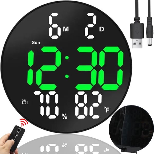 Електронний настінний годинник LED Wall Clock DS-3813L 26см з будильником і календарем, Цифровий круглий годинник зелений з білим на стіну від USB Чорні