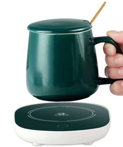 Подарочный набор керамическая кружка с крышкой и подставкой с подогревом Coffee Cup Lucky 400мл, Блюдце чашка и подогреватель для чашки с ложкой