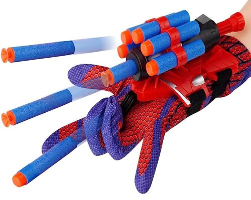 Дитяча іграшка рукавичка бластер Людина павук Spider man gloves з 10 м'якими кулями, Іграшкова зброя пістолет Спайдер мен на руку з барабаном