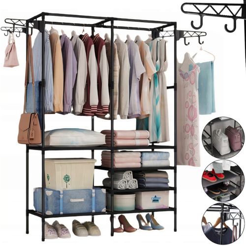 Підлогова складна вішалка для одягу Simple Coat Rack Double Row 8518 шафа-органайзер з гачками і шістьма полицями для взуття, розкладний стелаж