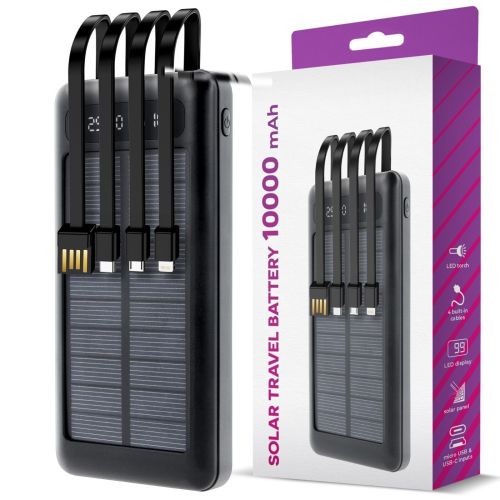 Зарядное устройство Power bank YM-485 Solar 10000 mAh c набором кабелей 4в1 Внешний аккумулятор на солнечной батарее Type-C MicroUSB Lightning