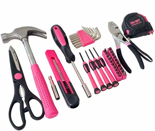 Жіночий набір інструментів Apollo Tools DT9706P 39 предметів, Універсальний комплект інструменту молоток викрутки плоскогубці плоскогубці ножиці ножиці біти Рожевий