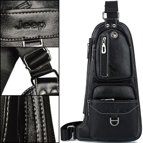 Мужская сумка рюкзак через плечо Jeep Bags 777 38х18 см нагрудная сумка бананка на грудь с отверстием для наушников из искусственной кожи Черная