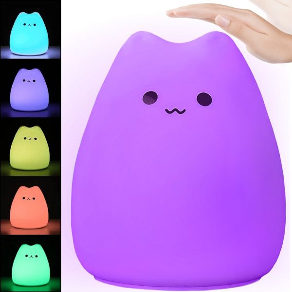 Дитячий сенсорний нічник Котик Little Cat Silicone Light LJC - 124 7 LED кольорів, настільний силіконовий світильник з RGB підсвічуванням на батарейках