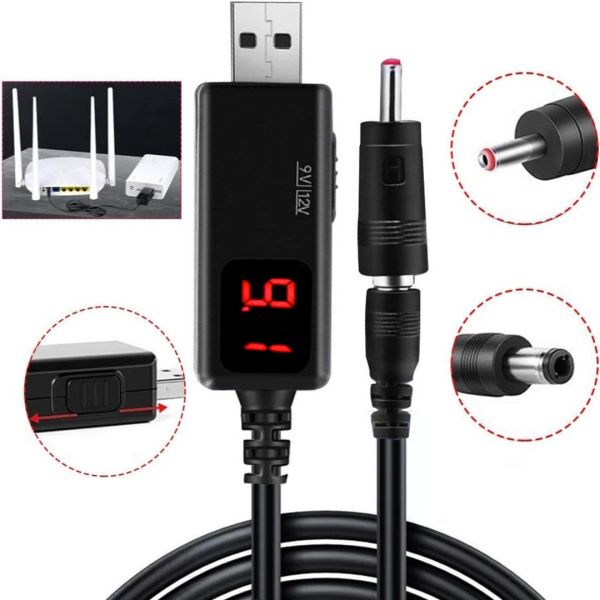 Підвищуючий USB кабель для живлення Wi-Fi роутера від Power Bank 5V з перемикачем 9V або 12V, з регулятором 9v/12v з перехідником на 3.5 мм і 5.5 мм