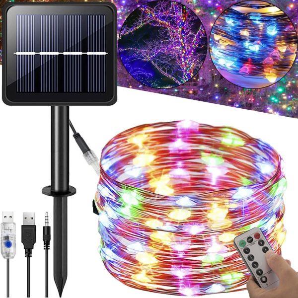 Вулична Світлодіодна гірлянда Solar String Lights 12 метрів 100 LED RGB діодів з сонячною панеллю, Водонепроникна Роса з пультом Мультикольорова