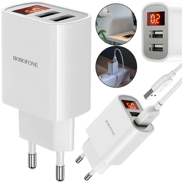 Мережевий зарядний пристрій Borofone BA58A Mighty 2 USB 2.4A 12W адаптер живлення на 2 порти з LED дисплеєм, блок для зарядки телефону 12В Білий
