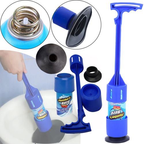 Універсальний вантуз Plumber's Kit Hero для прочищення унітазу і каналізаційних труб з довгою ручкою, Набір для чищення раковини з аерозолем Синій