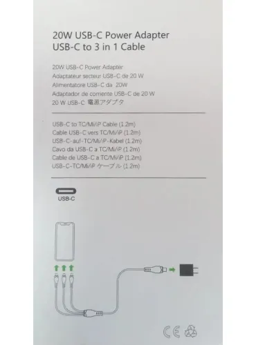 Універсальний зарядний пристрій 20W USB-З to TC/Mi/iP Cable Power Adapter + потрійний кабель 3 в 1, зарядний блок живлення 20 Вт для телефону