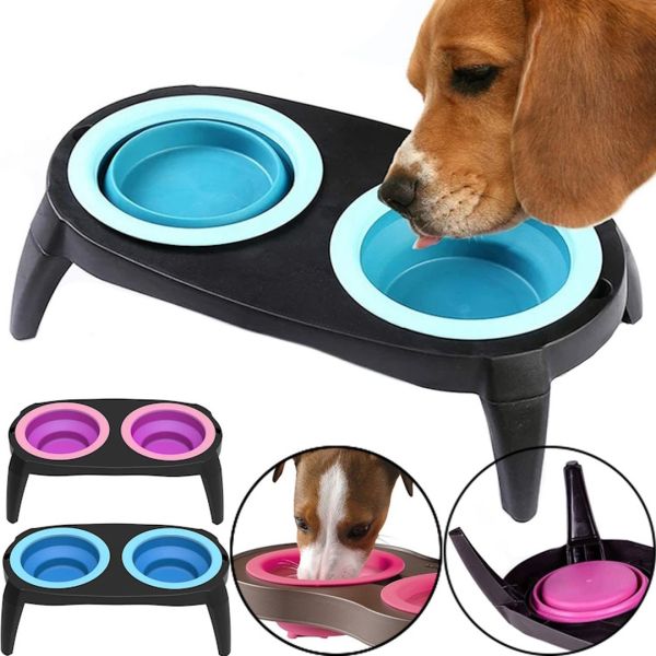 Нековзна подвійна миска Dougez Pet Bowl Set 2 в 1 для їжі і води на складаний підставці для собак і кішок 600мл, годівниця для домашніх тварин