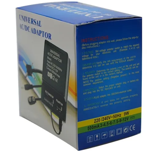 Універсальний блок живлення Ran-Teng RT - 308 9W з регулятором напруги 1.5-12V 500mA, Адаптер з 4 роз'ємами і перемикачем полярності Чорний
