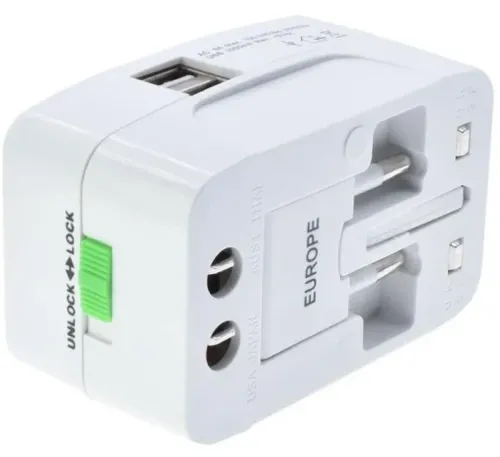 Універсальний мережевий перехідник штекер в розетку 1000 mA Universal adaptor SL-823 2USB, Адаптер для розетки EU UK US CA Japan з юсб для подорожей
