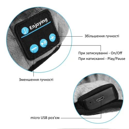 Маска для сну і відпочинку 3D Music Goggles AND183 з Bluetooth гарнітурою, USB Пов'язка на очі з навушниками на липучці з акумулятором сіра
