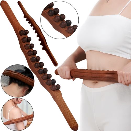 Дерев'яний масажер для тіла Wood Therapy Massage XL-900 ручний акупунктурний валик, скребок Гуаша для зняття болю в м'язах 20 масажних точок 58 см