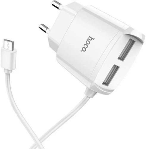 Мережевий зарядний пристрій Hoco C59A 2USB адаптер USB з цільним кабелем MicroUSB блок живлення на 2 порти для зарядки телефонів 15w 220v 2.4 A Білий